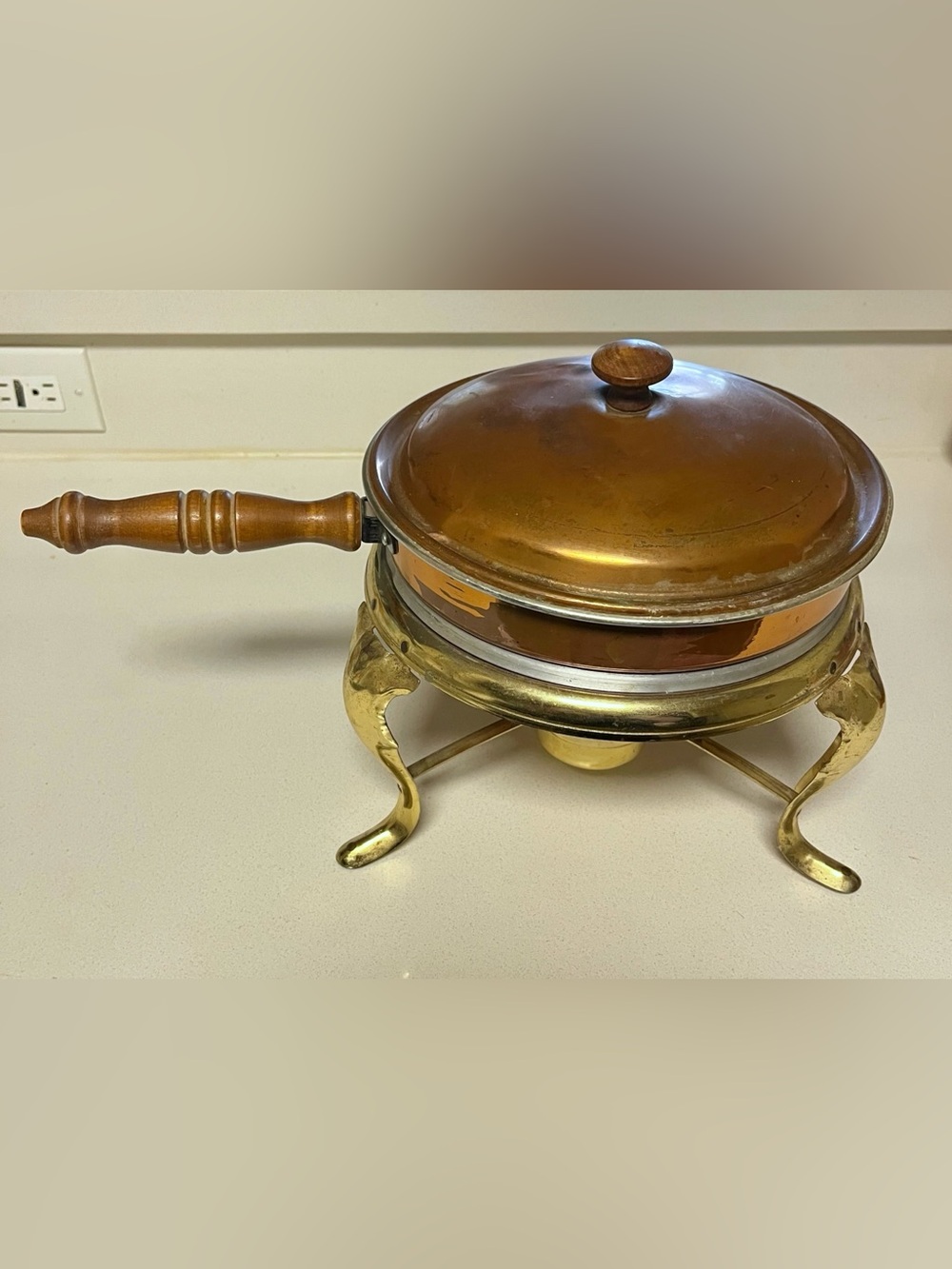 Vintage Copper and Brass Chafing Dish with Wooden Handle with lid stand burner